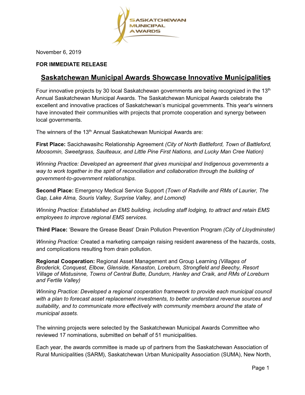 Saskatchewan Municipal Awards Showcase Innovative Municipalities