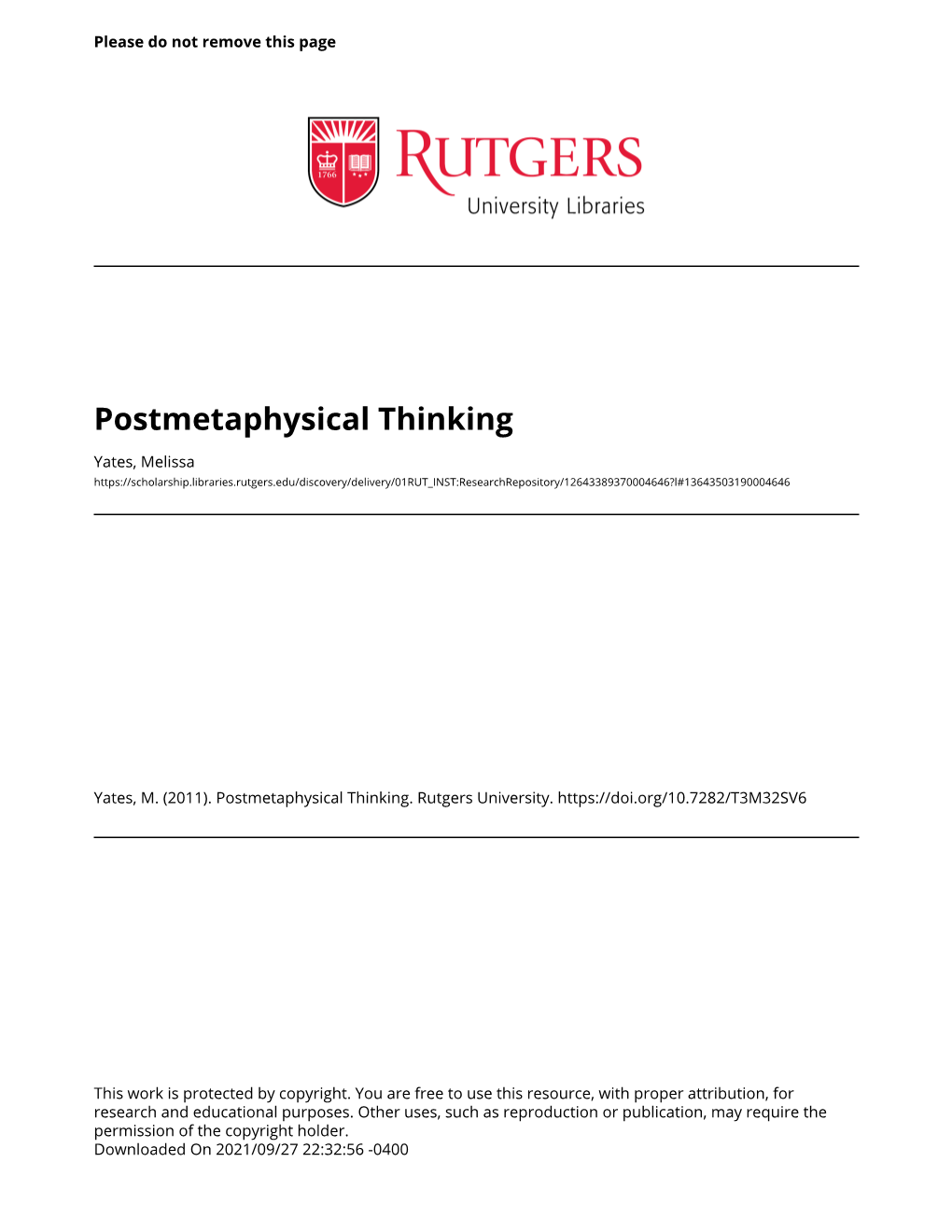 Postmetaphysical Thinking