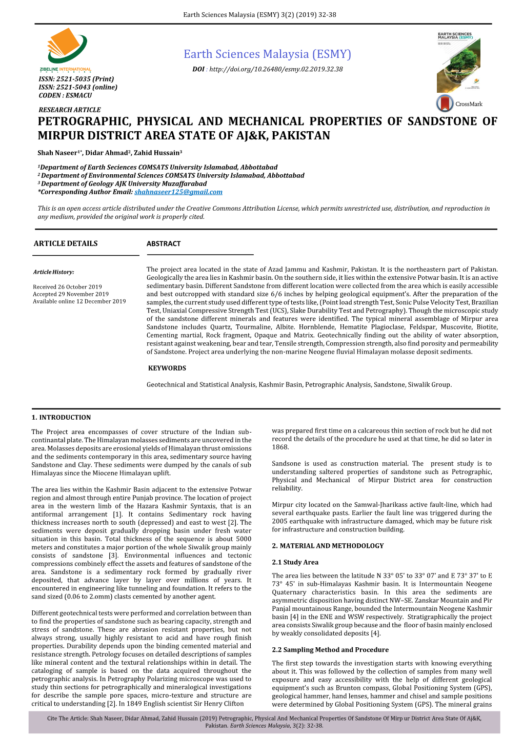 Petrographic, Physical and Mechanical Properties of Sandstone of Mirpur District Area State of Aj&K, Pakistan