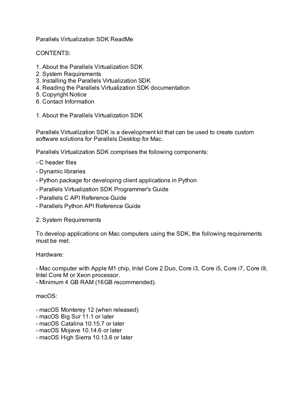 Parallels Virtualization SDK Readme CONTENTS