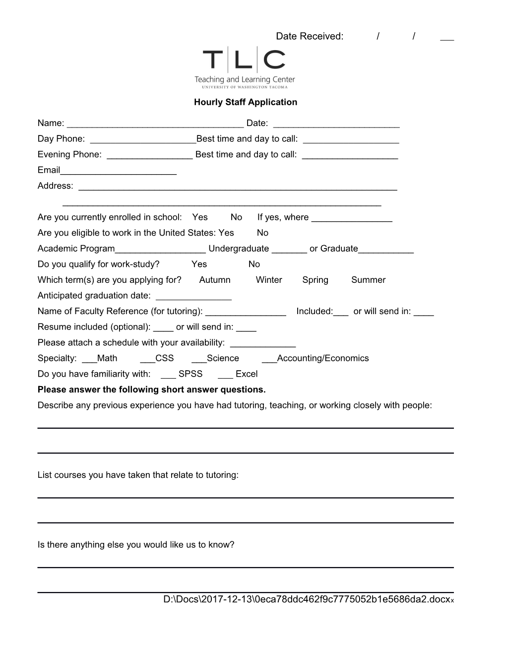 Hourly Staff Application