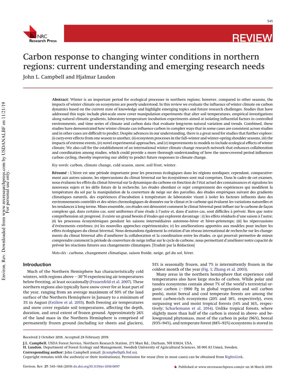 Carbon Response to Changing Winter Conditions in Northern Regions: Current Understanding and Emerging Research Needs John L