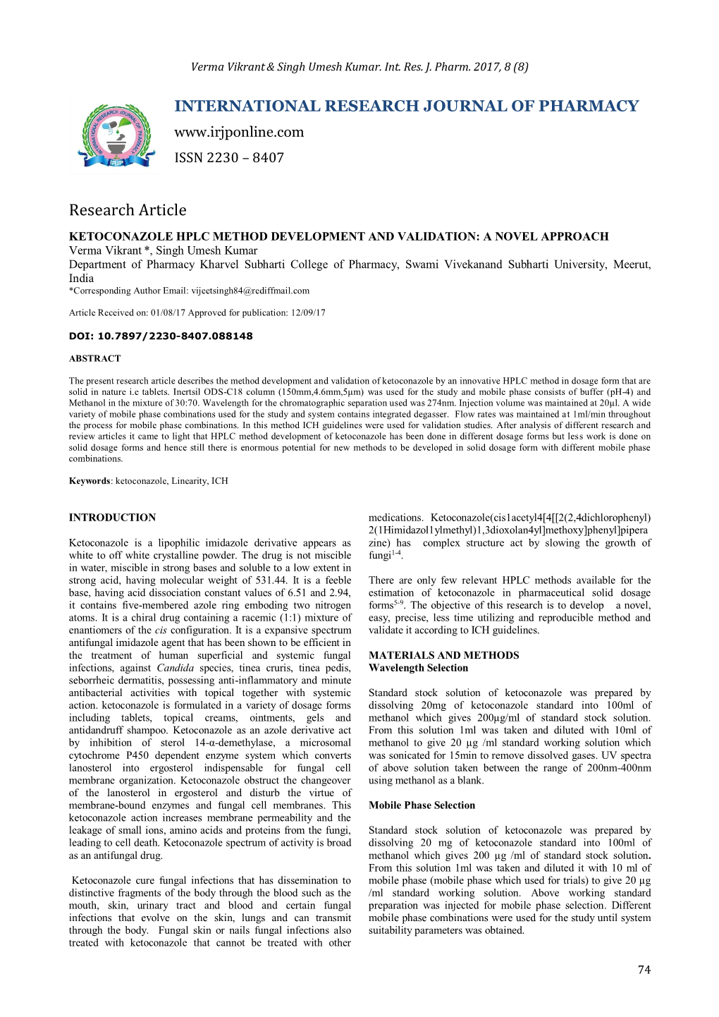 Ketoconazole Hplc Method Development and Validation