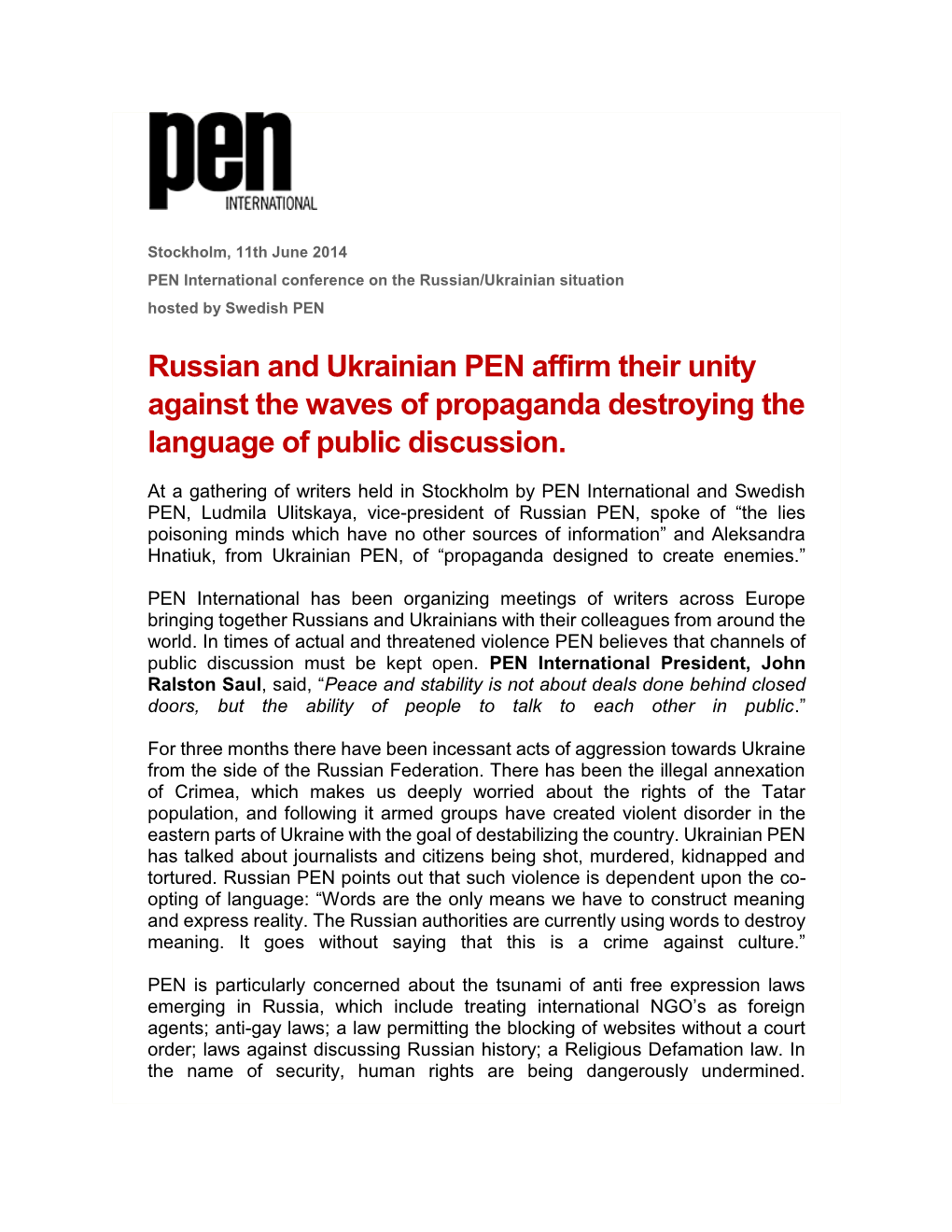 Russian and Ukrainian PEN Affirm Their Unity Against the Waves of Propaganda Destroying the Language of Public Discussion