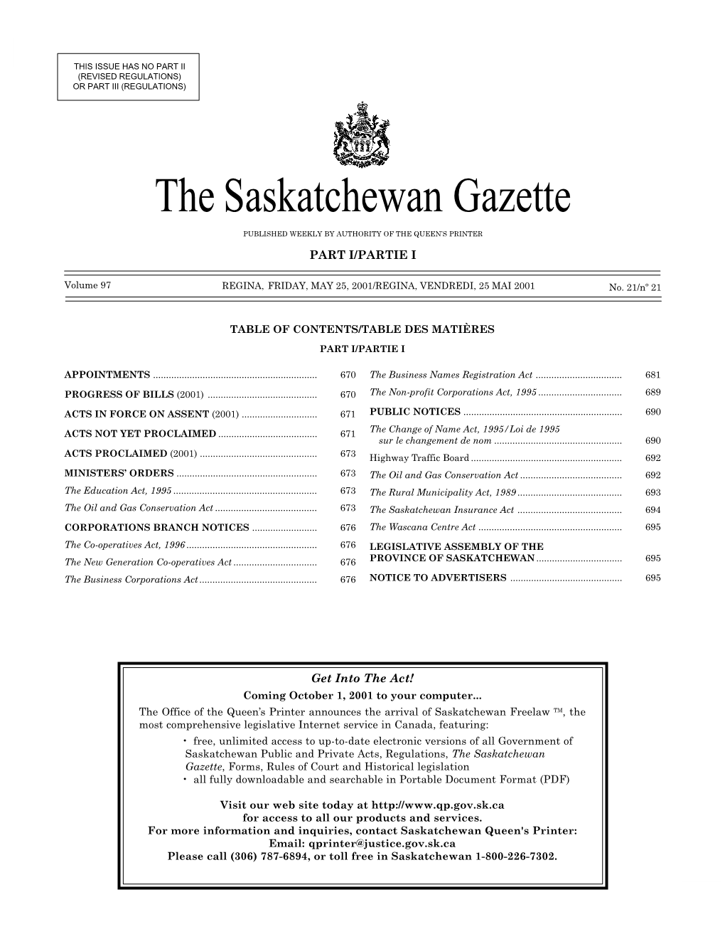 Sask Gazette, Part I, May 25, 2001