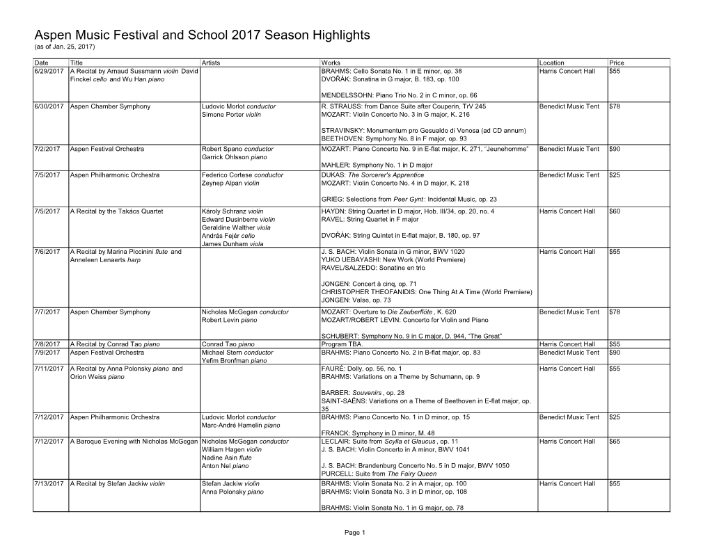 Aspen Music Festival and School 2017 Season Highlights (As of Jan