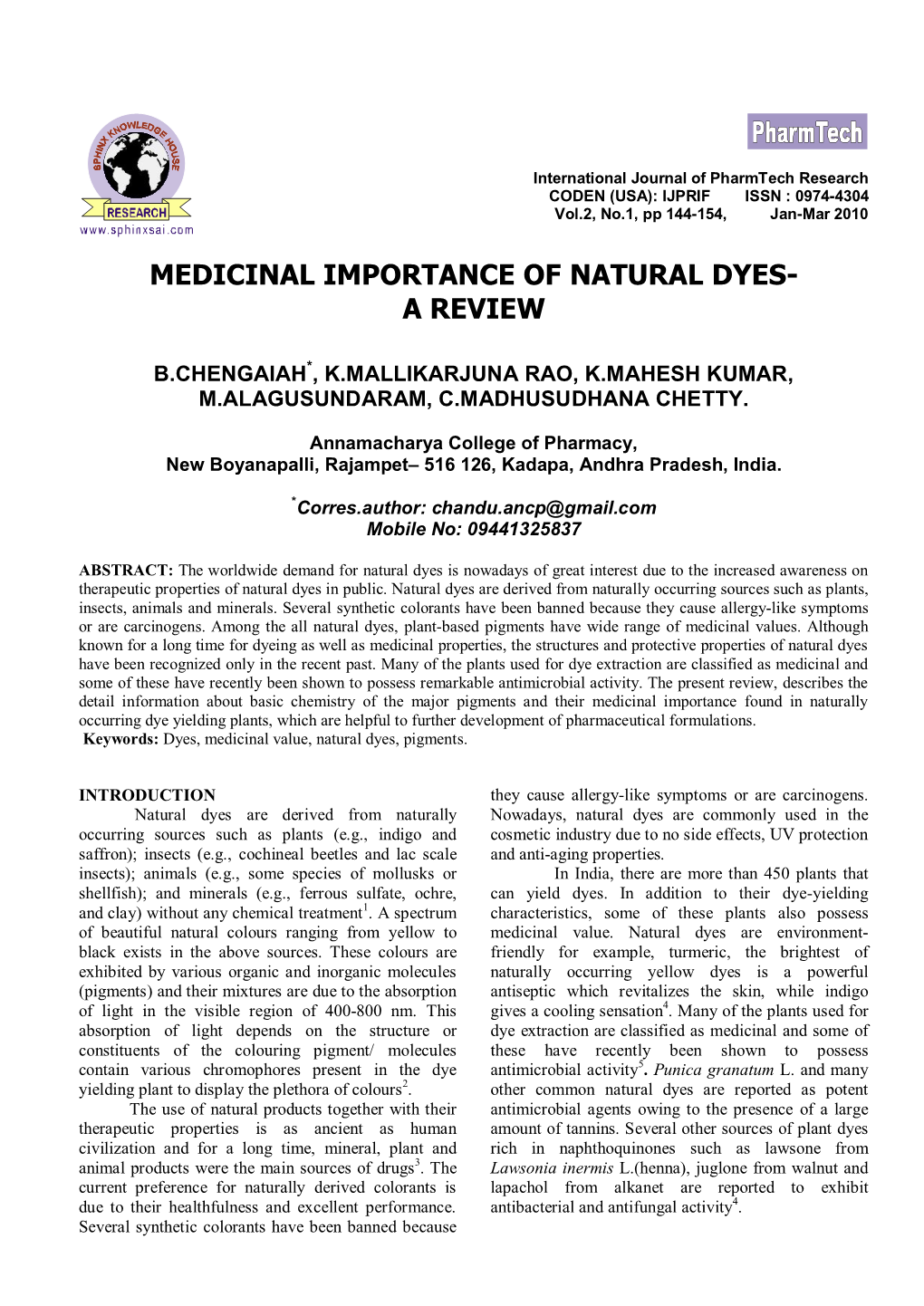 Medicinal Importance of Natural Dyes- a Review