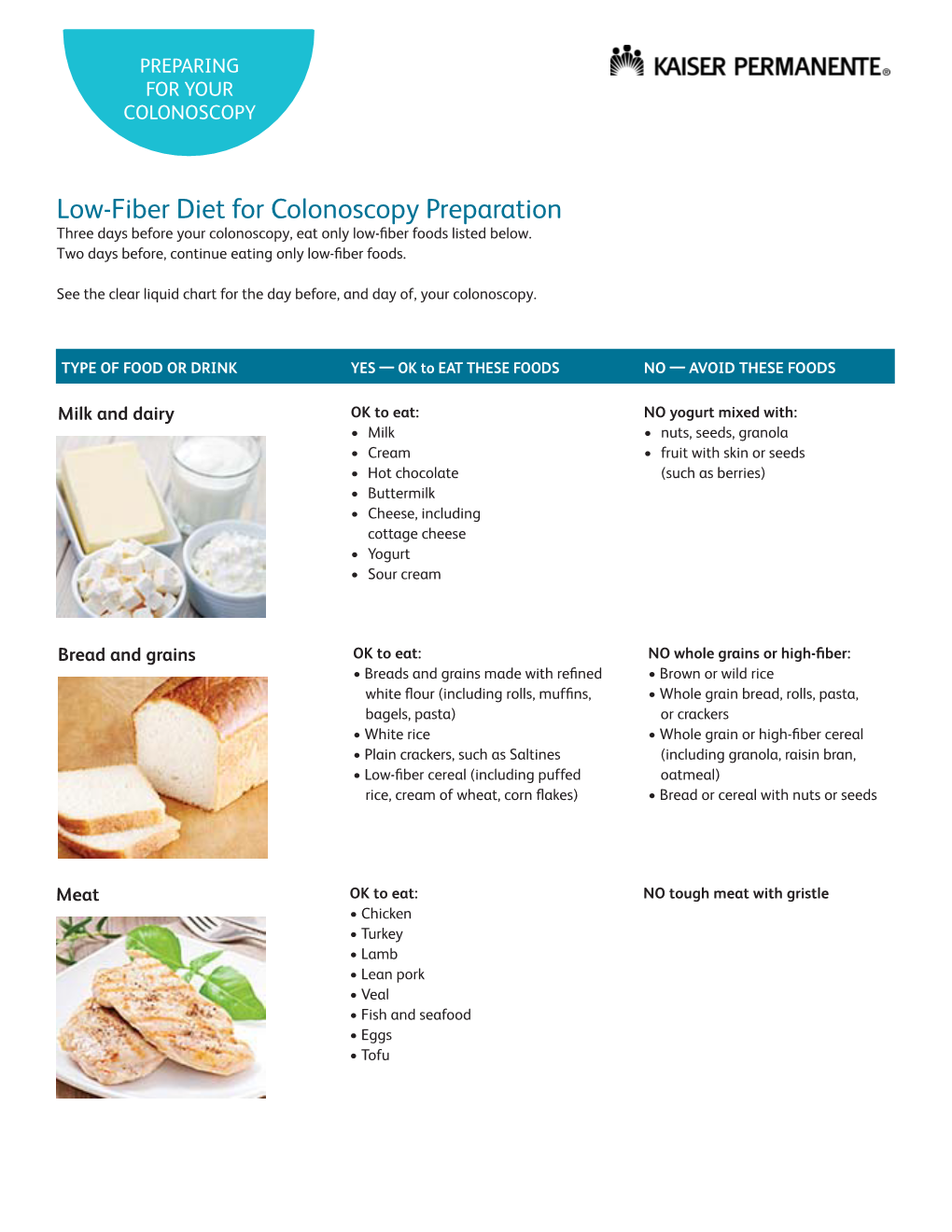 Low-Fiber Diet for Colonoscopy Preparation Three Days Before Your Colonoscopy, Eat Only Low-ﬁber Foods Listed Below