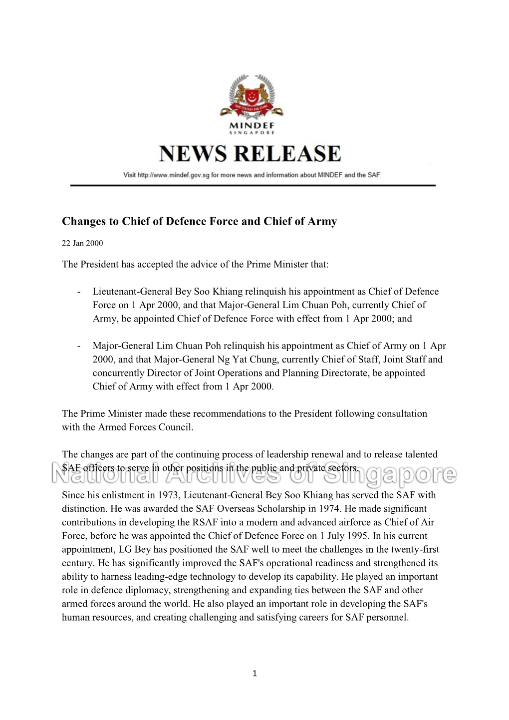 Changes to Chief of Defence Force and Chief of Army