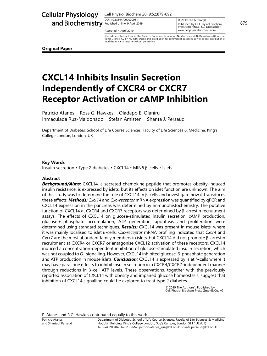 CXCL14 Inhibits Insulin Secretion Independently of CXCR4 Or CXCR7 Receptor Activation Or Camp Inhibition