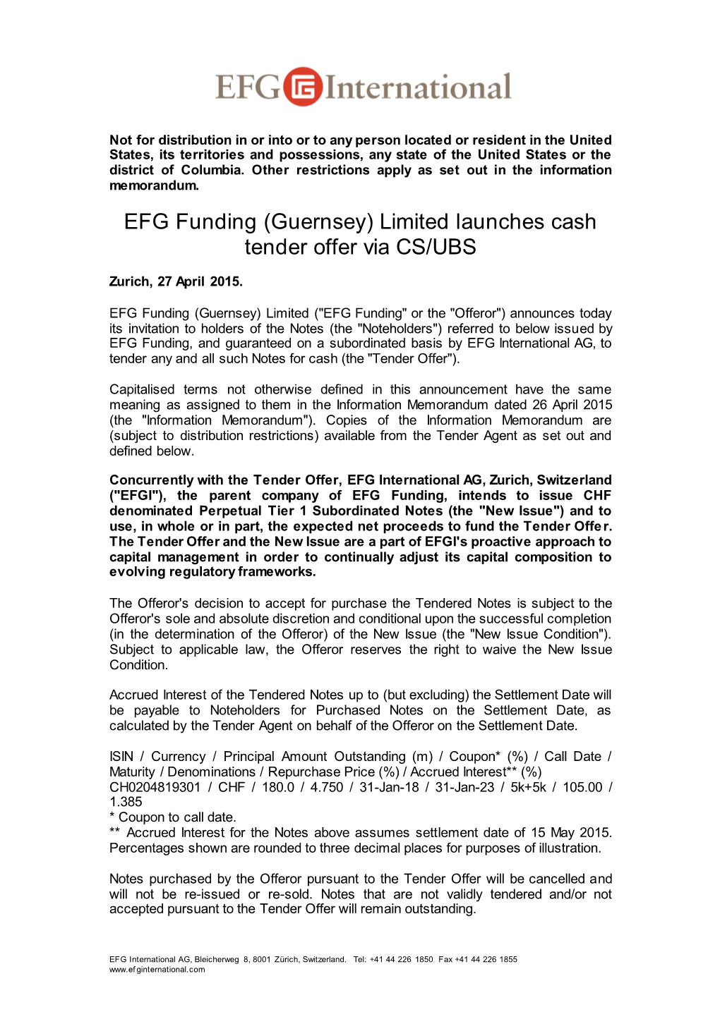 EFG Funding (Guernsey) Limited Launches Cash Tender Offer Via CS/UBS