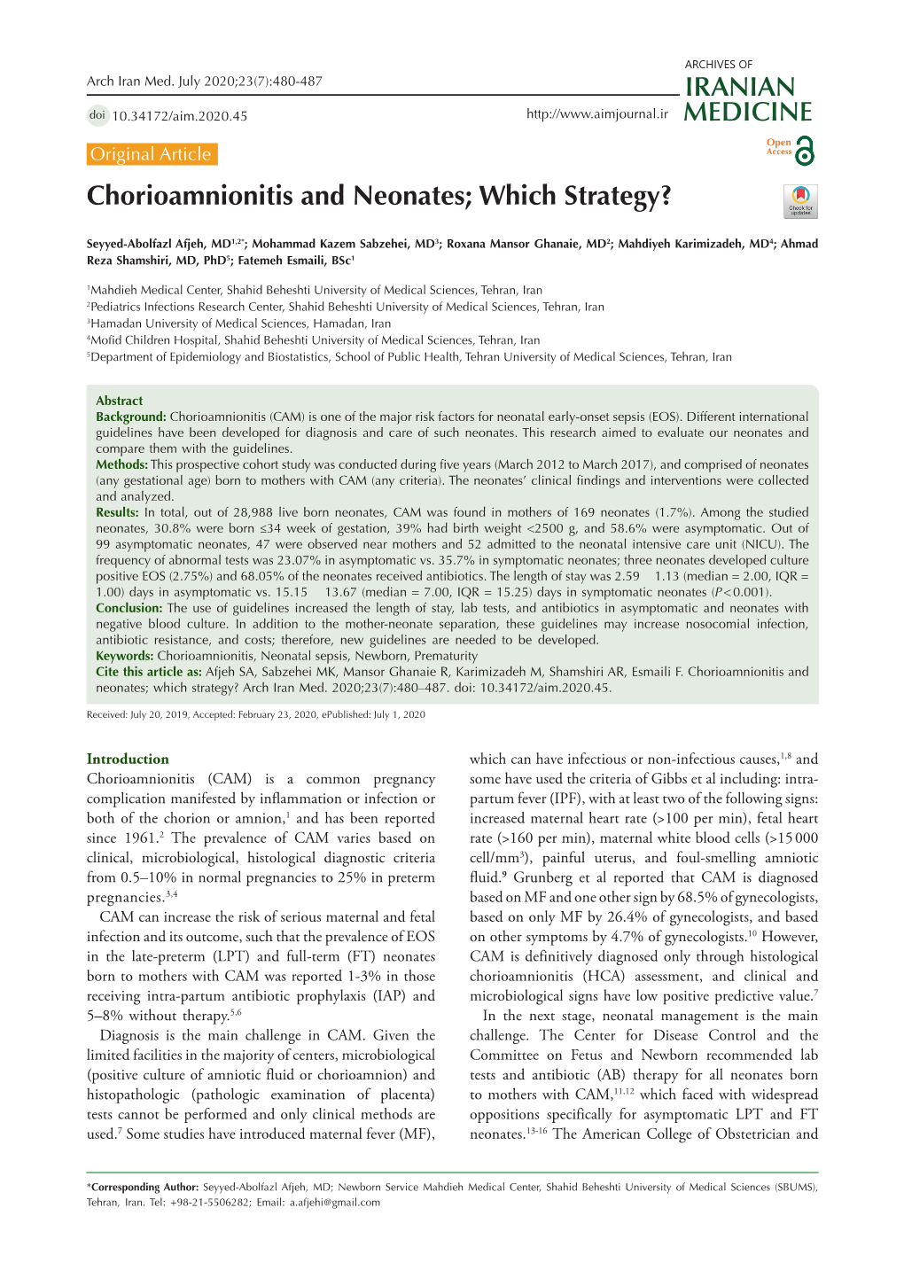 Chorioamnionitis and Neonates; Which Strategy?