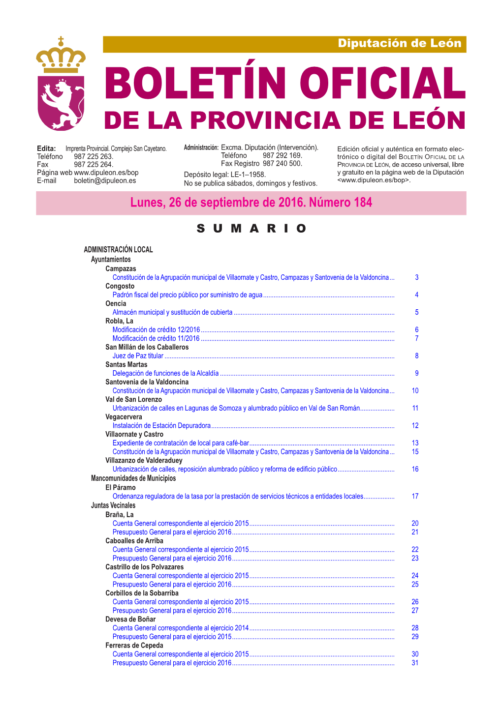 BOLETÍN OFICIAL DE LA PROVINCIA DE LEÓN Edita: Imprenta Provincial