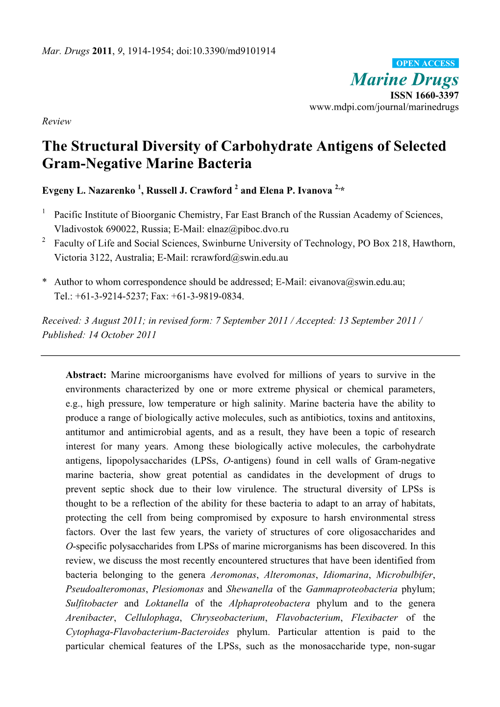 Marine Drugs ISSN 1660-3397 Review the Structural Diversity of Carbohydrate Antigens of Selected Gram-Negative Marine Bacteria