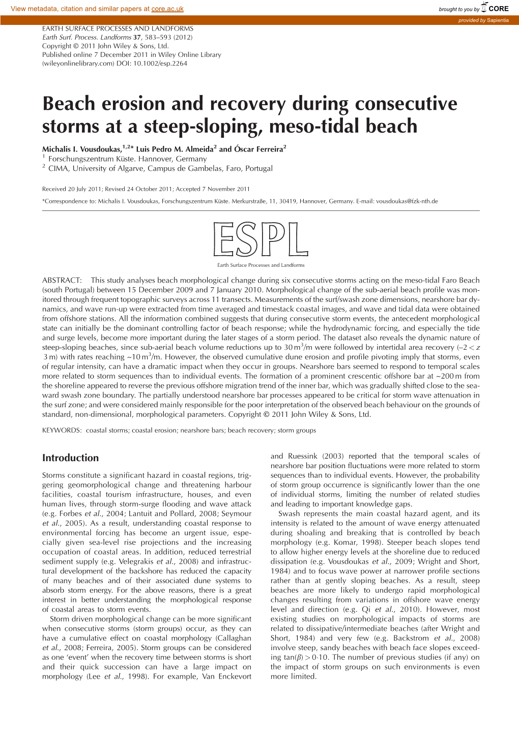 Beach Erosion and Recovery During Consecutive Storms at a Steep-Sloping, Meso-Tidal Beach