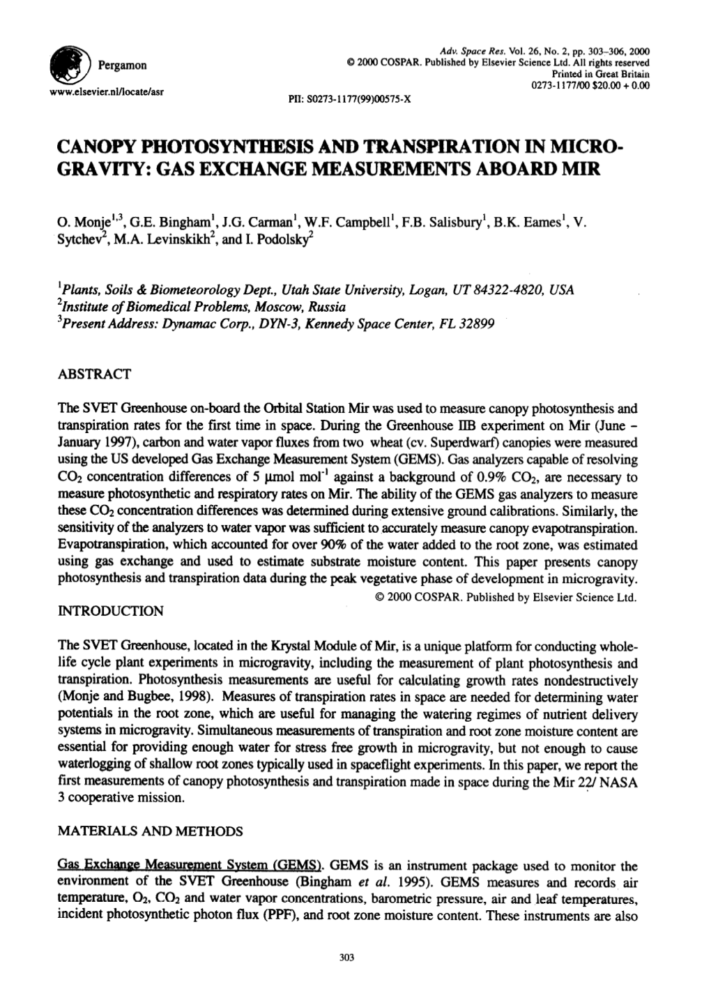 Canopy Photosynthesis and Transpiration in Micro- Gravity: Gas Exchange Measurements Aboard Mir