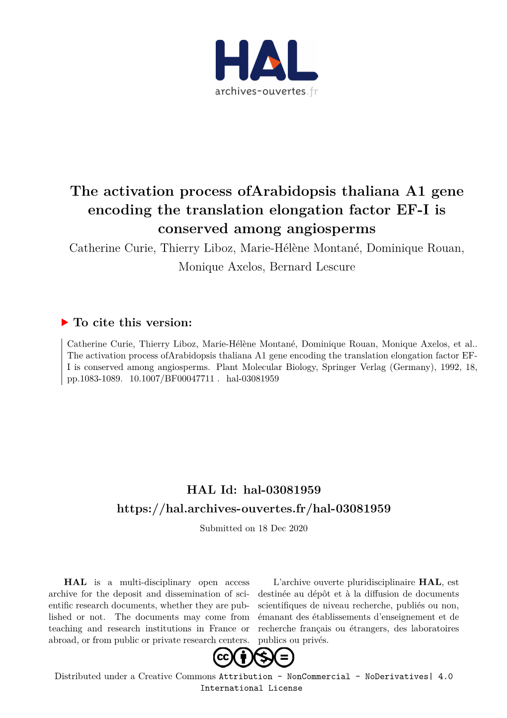 The Activation Process Ofarabidopsis Thaliana A1 Gene Encoding The
