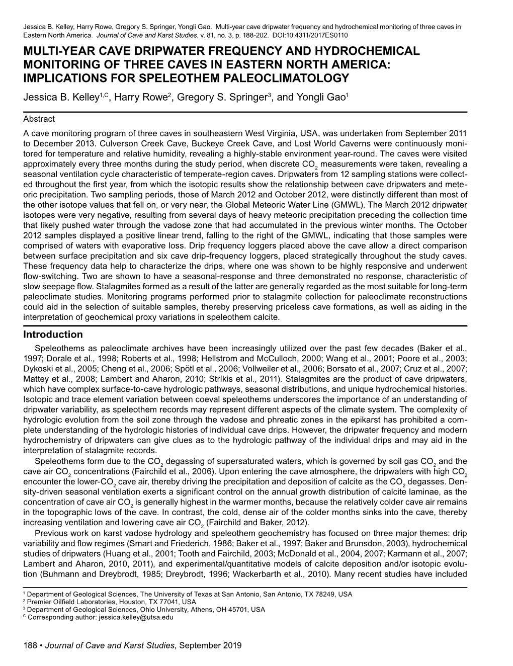 Multi-Year Cave Dripwater Frequency and Hydrochemical Monitoring of Three Caves in Eastern North America