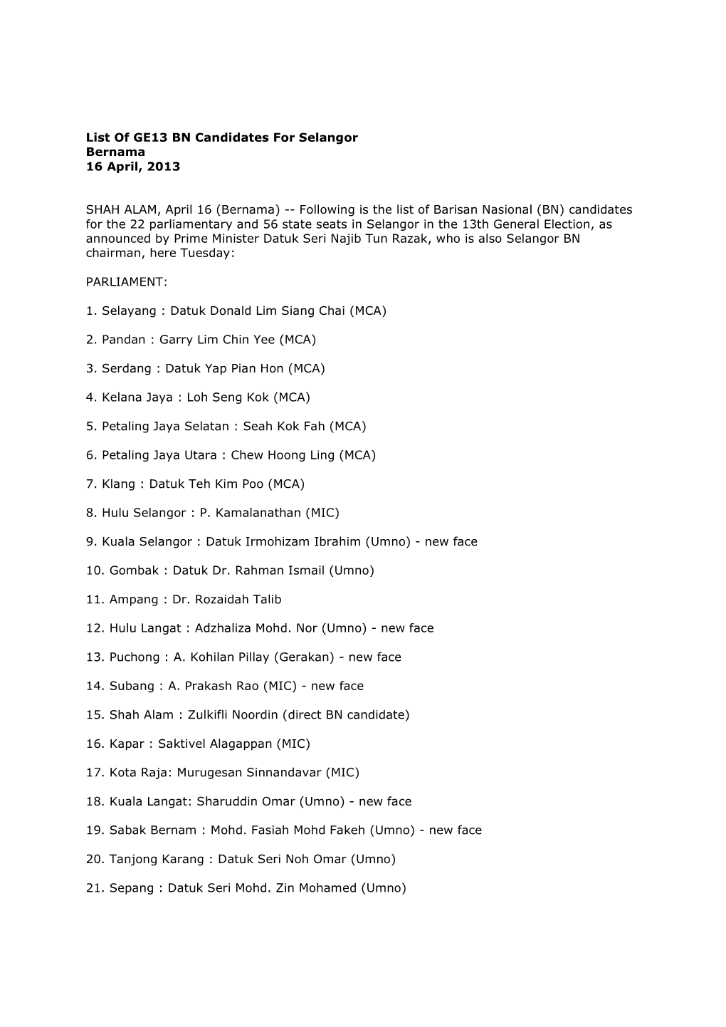 List of GE13 BN Candidates for Selangor Bernama 16 April, 2013