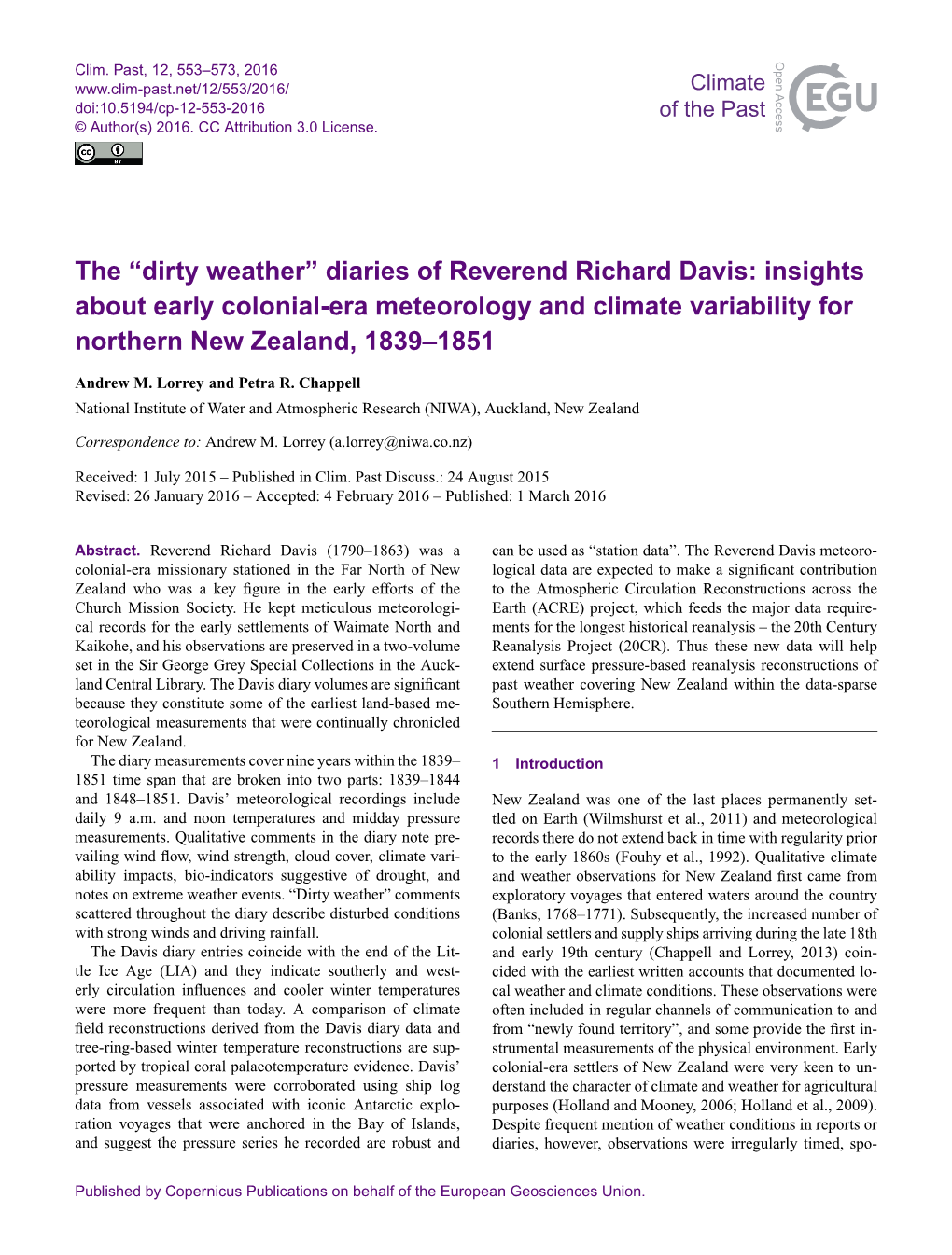 Diaries of Reverend Richard Davis: Insights About Early Colonial-Era Meteorology and Climate Variability for Northern New Zealand, 1839–1851