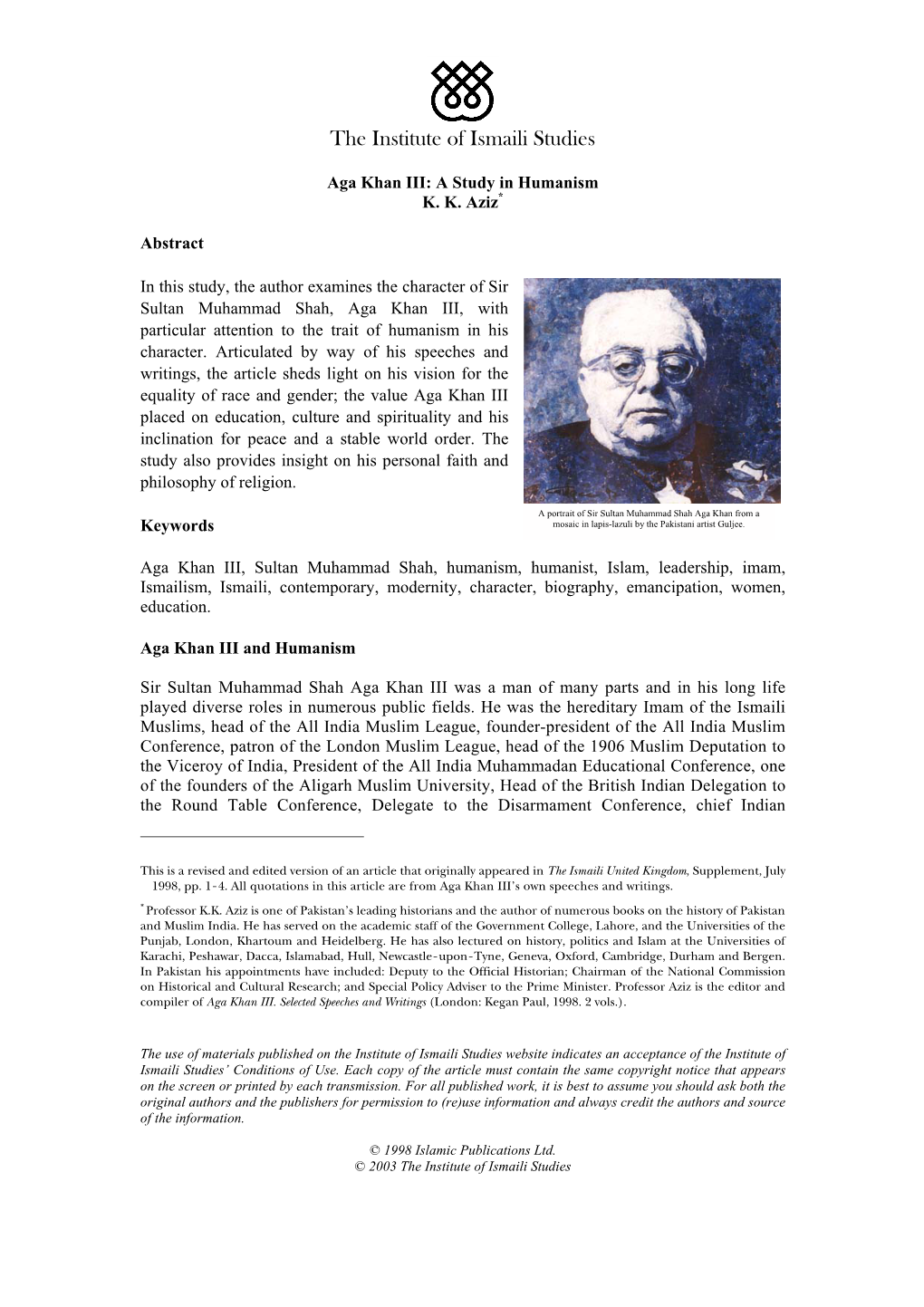 Aga Khan III: a Study in Humanism K