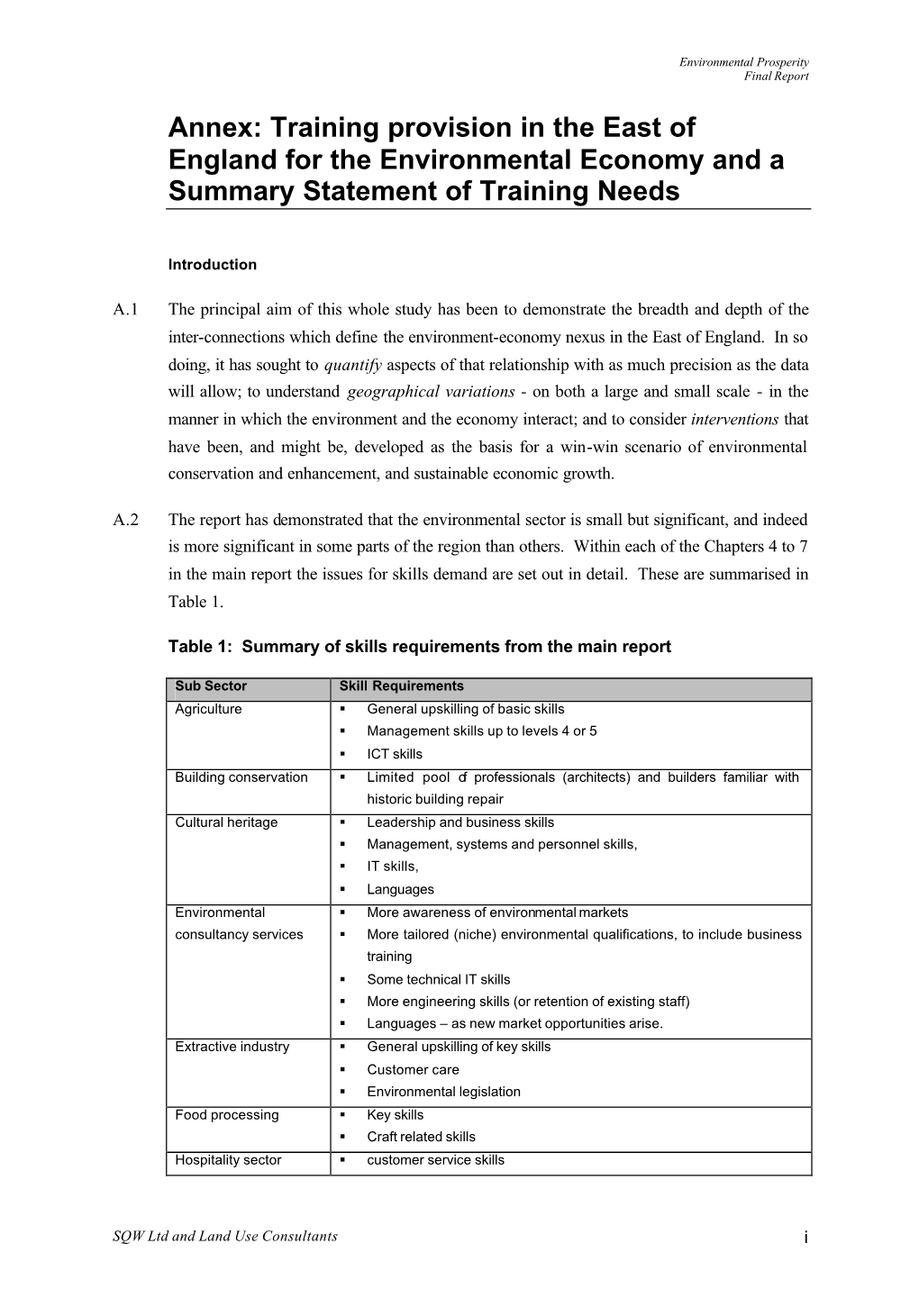 Annex: Training Provision in the East of England for the Environmental Economy and a Summary Statement of Training Needs
