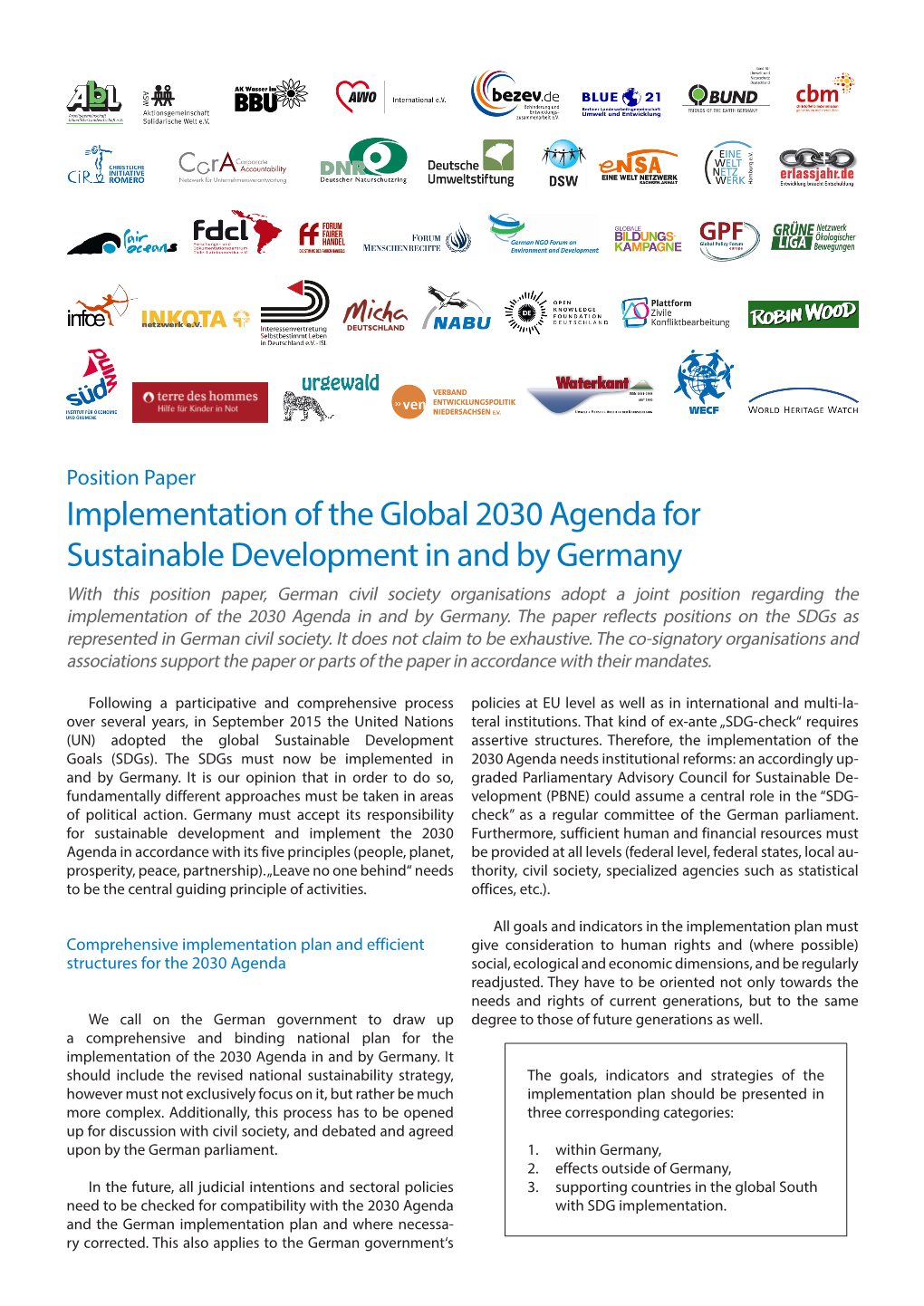 Implementation of the Global 2030 Agenda for Sustainable