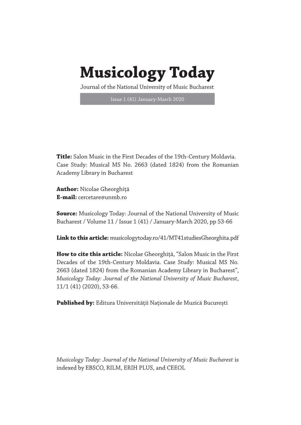 Musicology Today Journal of the National University of Music Bucharest