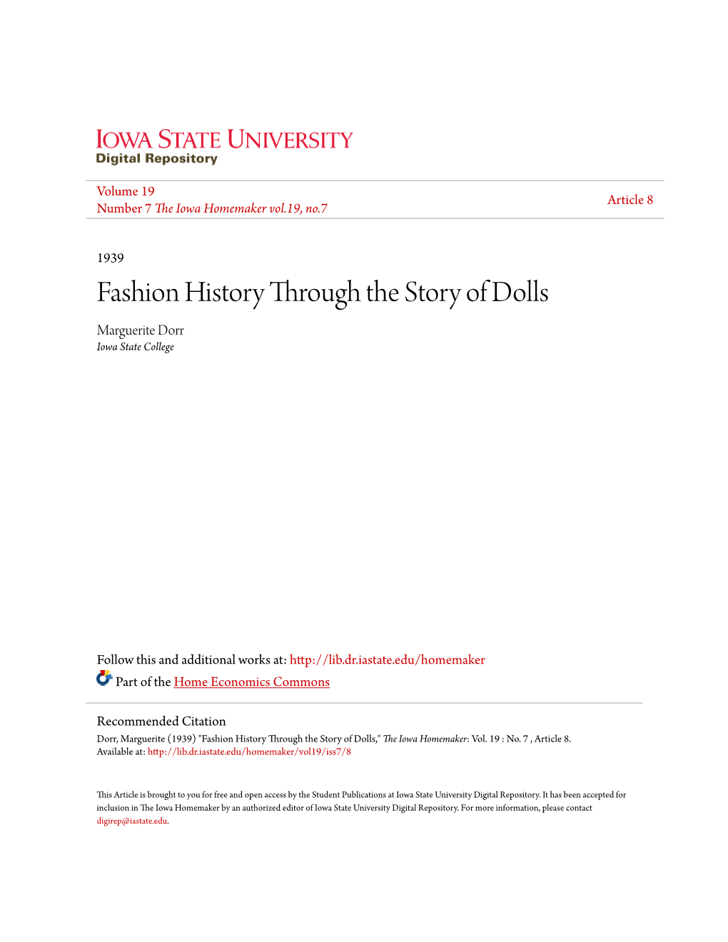 Fashion History Through the Story of Dolls Marguerite Dorr Iowa State College