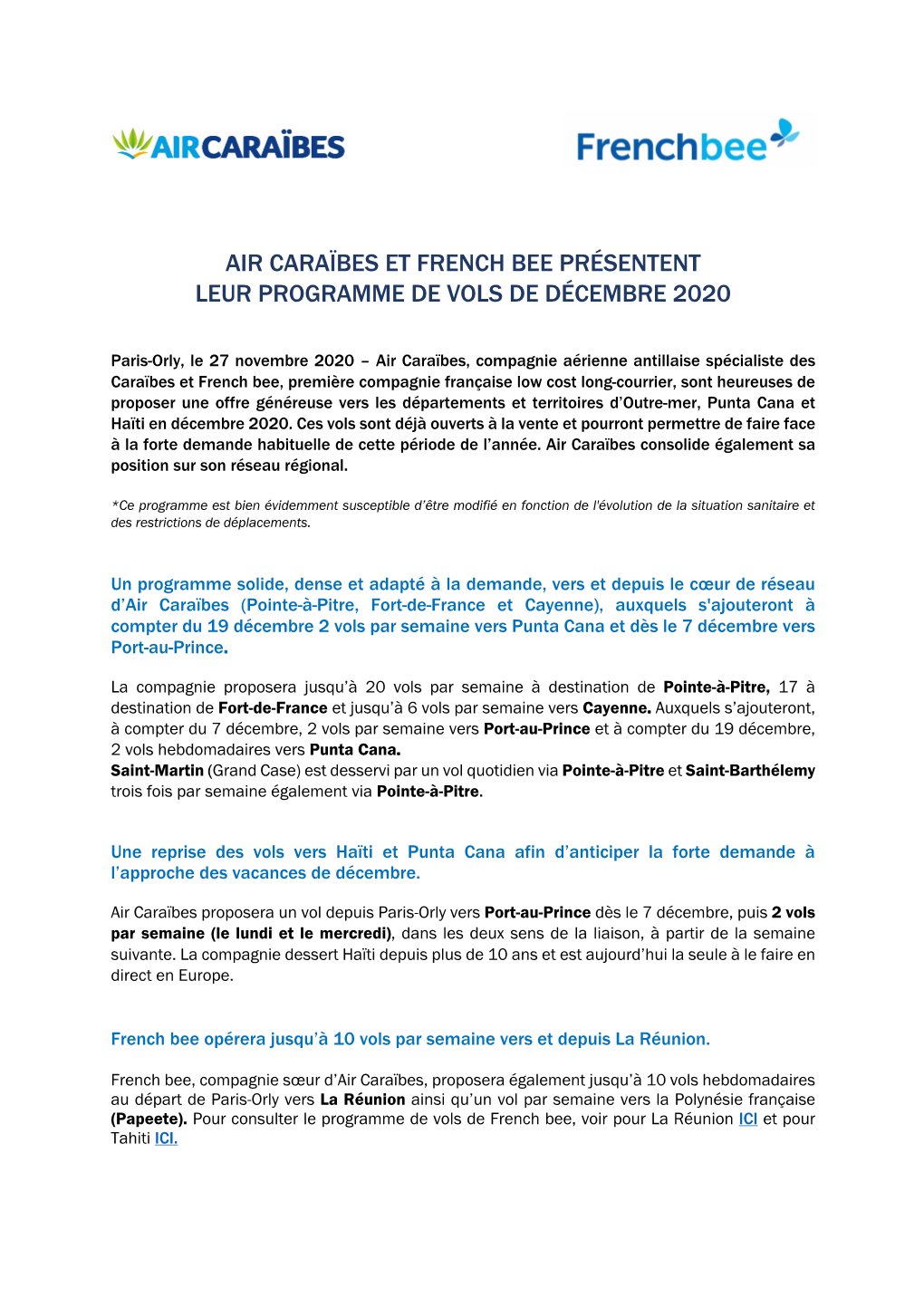 Air Caraïbes & French Bee Présentent Leur Programme De Vols De
