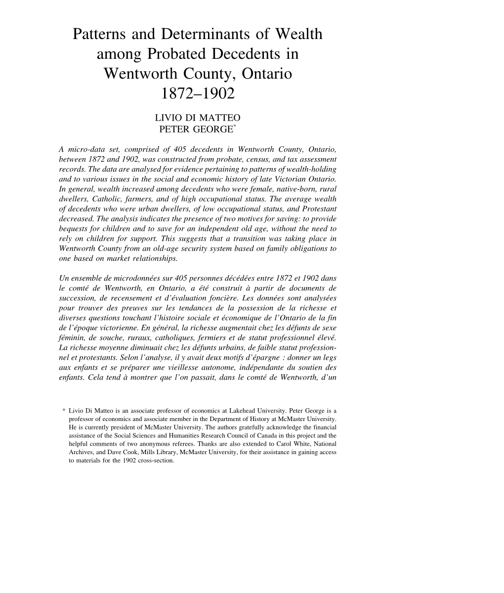 Patterns and Determinants of Wealth Among Probated Decedents in Wentworth County, Ontario 1872–1902