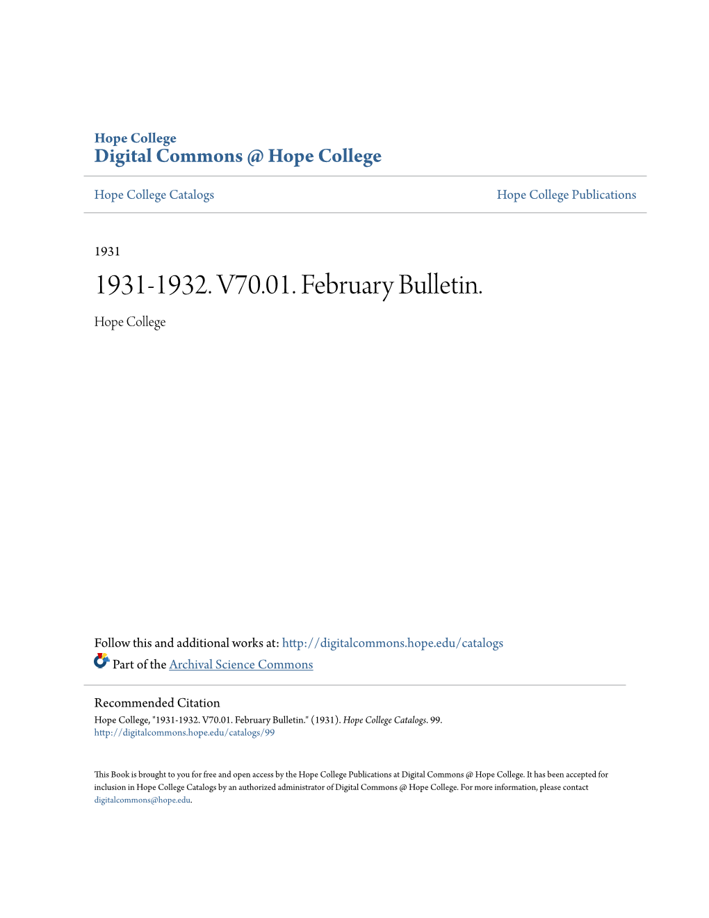 1931-1932. V70.01. February Bulletin. Hope College