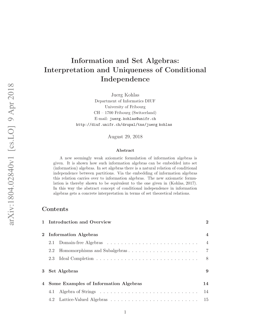 Information and Set Algebras: Interpretation and Uniqueness of Conditional Independence