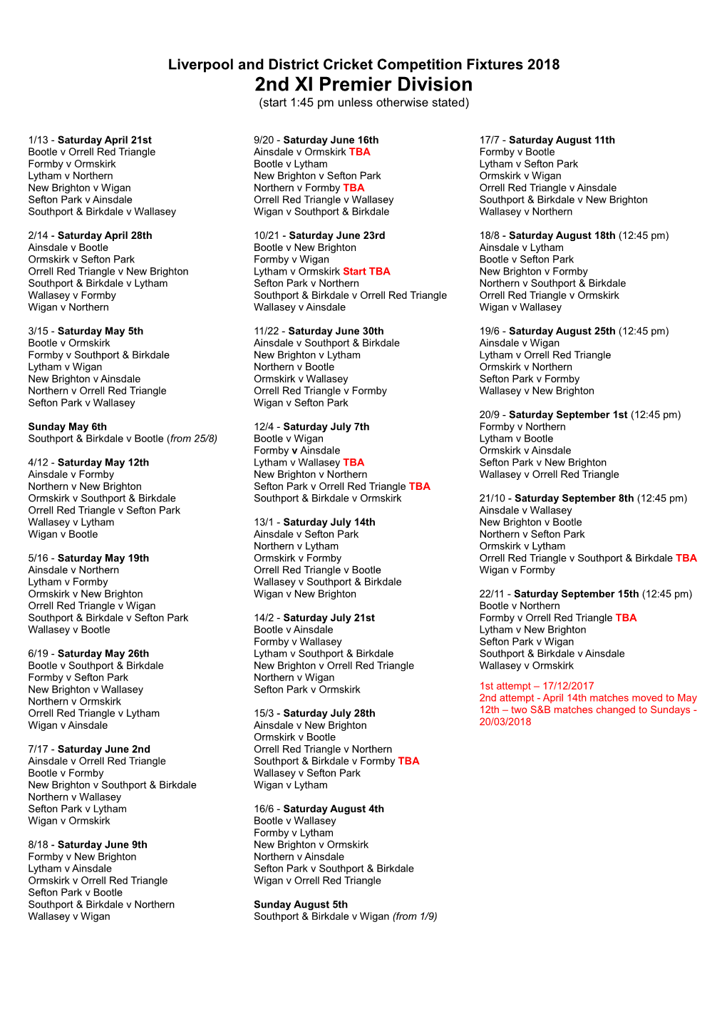 2Nd XI Premier Division (Start 1:45 Pm Unless Otherwise Stated)