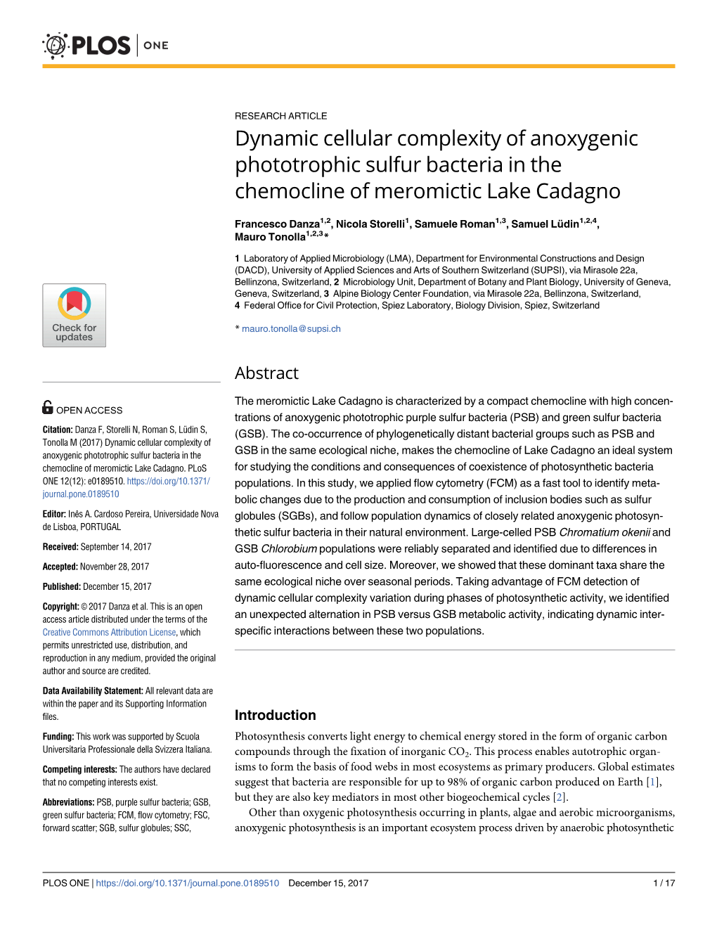 Dynamic Cellular Complexity of Anoxygenic Phototrophic Sulfur Bacteria in the Chemocline of Meromictic Lake Cadagno
