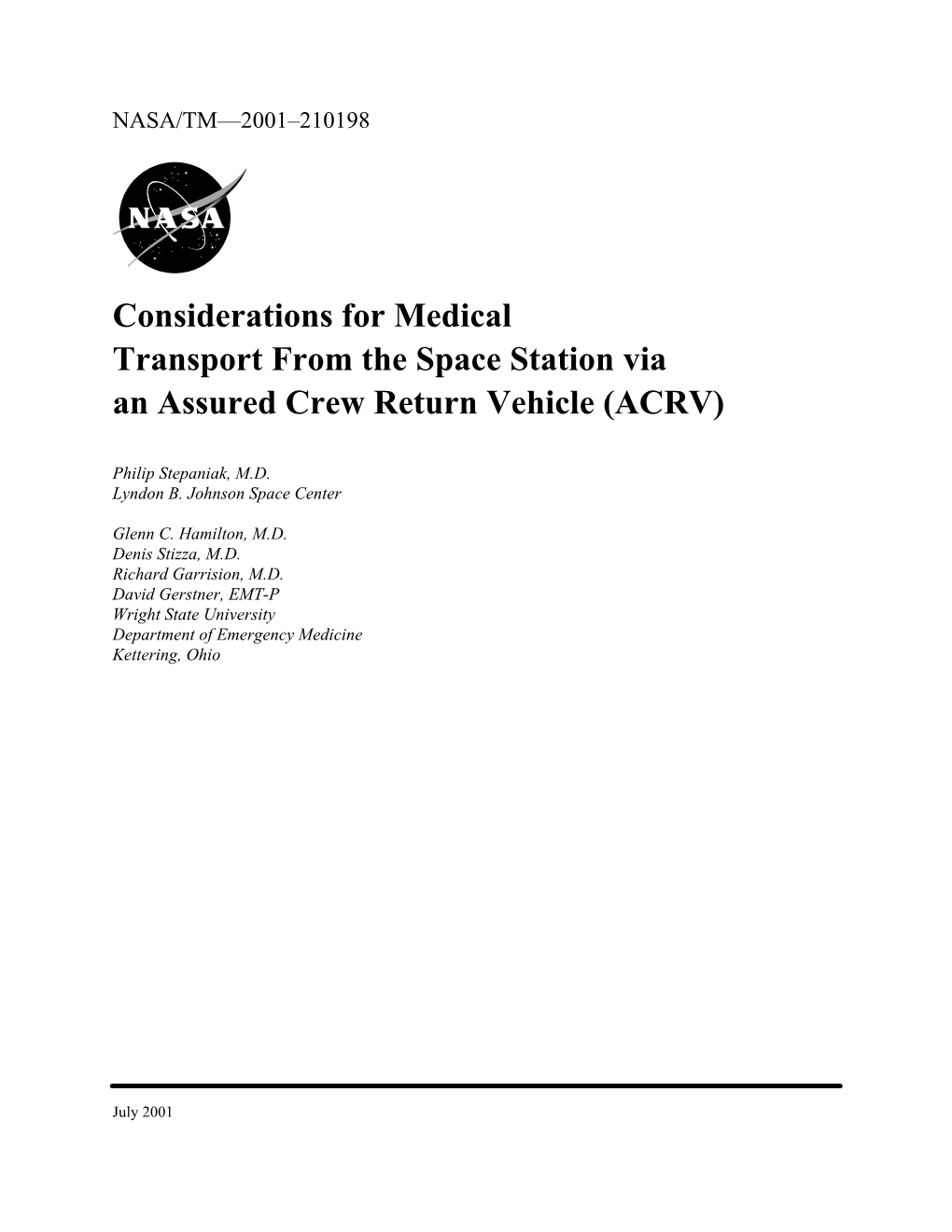 Considerations for Medical Transport from the Space Station Via an Assured Crew Return Vehicle (ACRV)