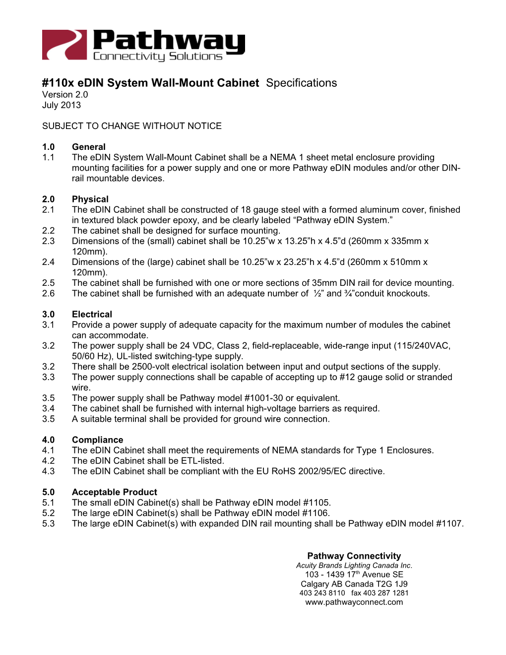 110X Edin System Wall-Mount Cabinet Specifications