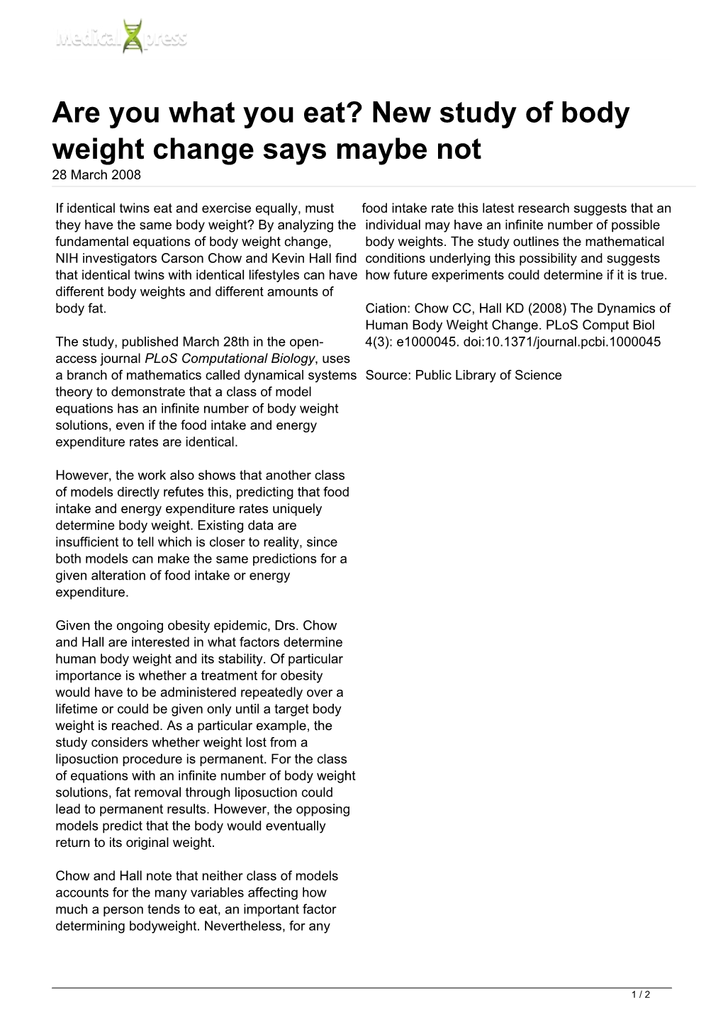 New Study of Body Weight Change Says Maybe Not 28 March 2008