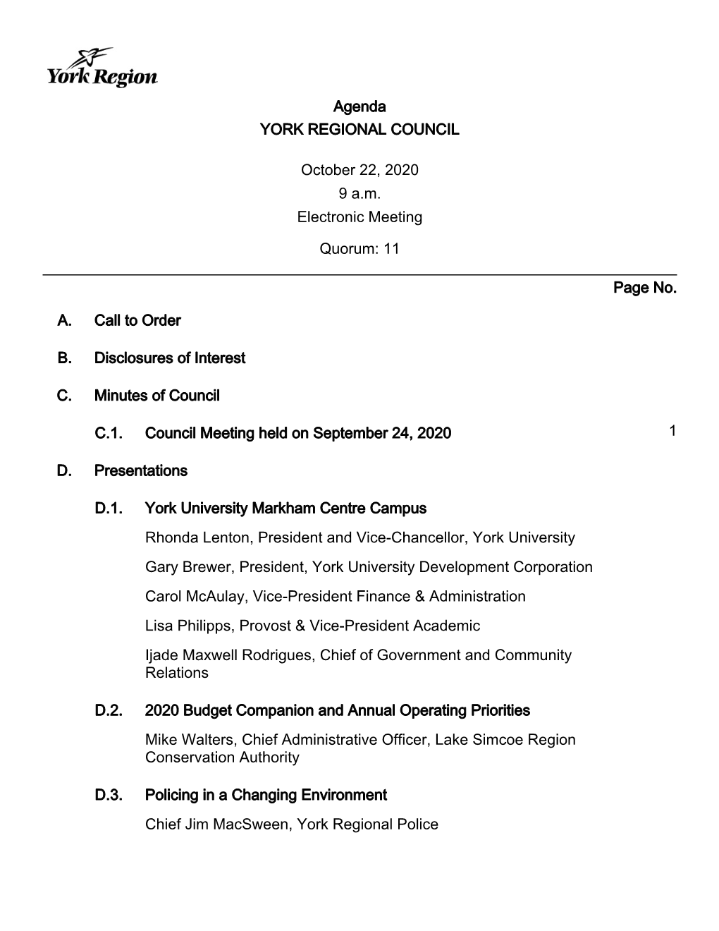 Agenda YORK REGIONAL COUNCIL October 22