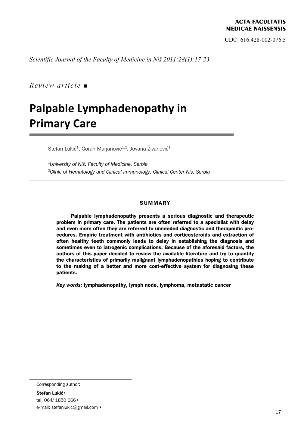Palpable Lymphadenopathy in Primary Care
