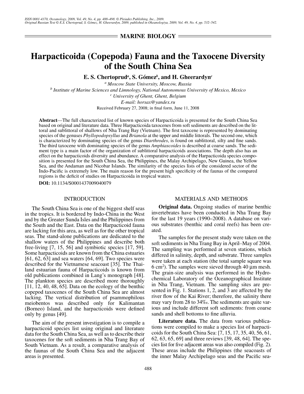 Harpacticoida (Copepoda) Fauna and the Taxocene Diversity of the South China Sea E