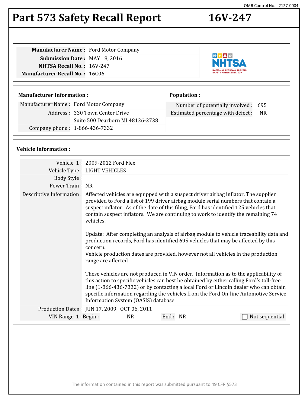 Part 573 Safety Recall Report 16V-247