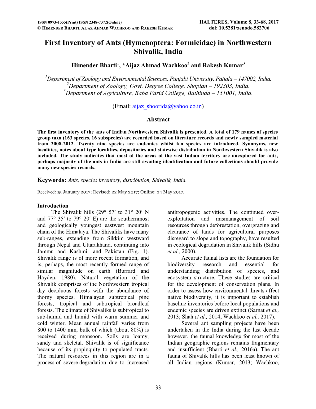 First Inventory of Ants (Hymenoptera: Formicidae) in Northwestern Shivalik, India