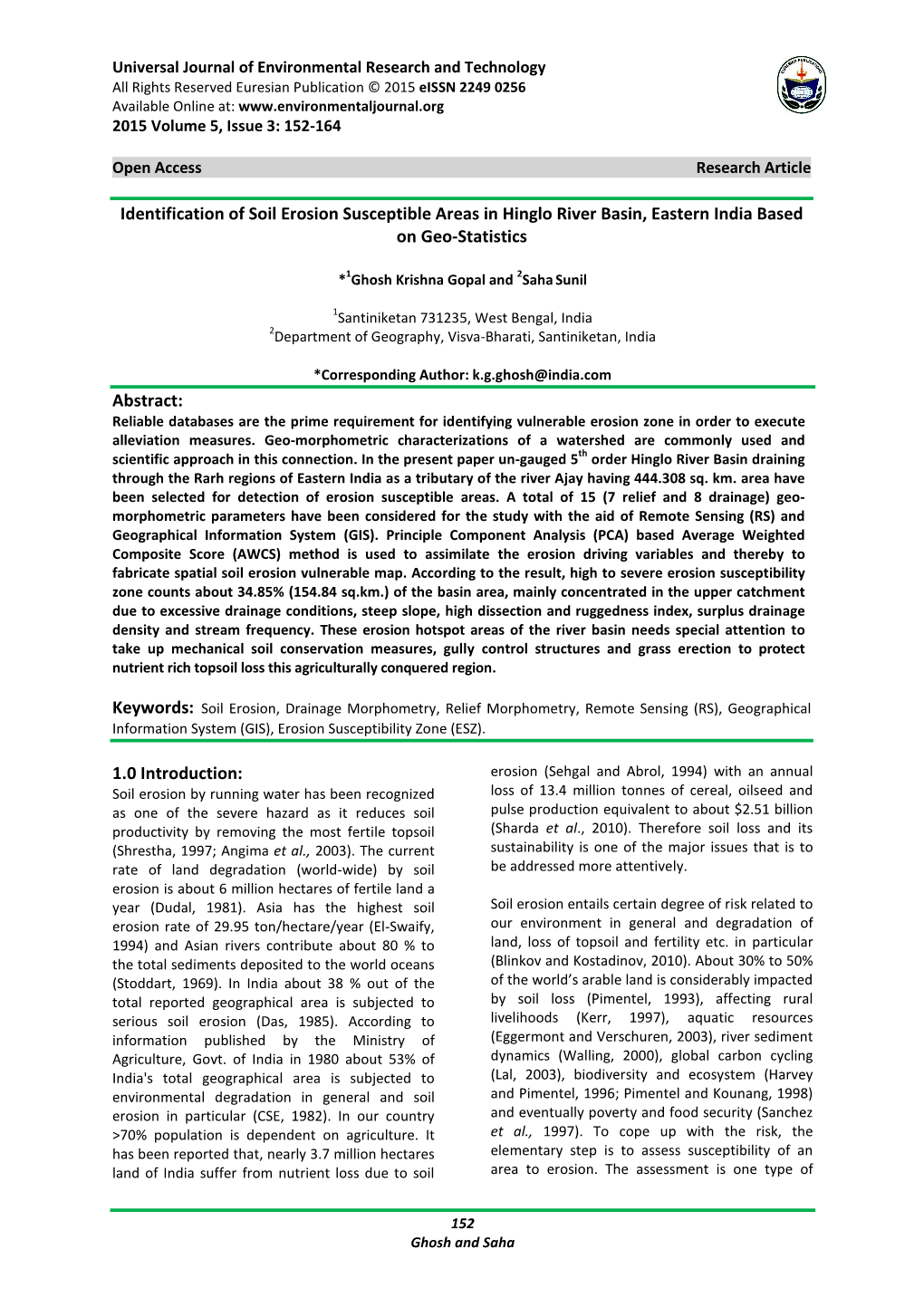 Identification of Soil Erosion Susceptible Areas in Hinglo River Basin, Eastern India Based on Geo-Statistics