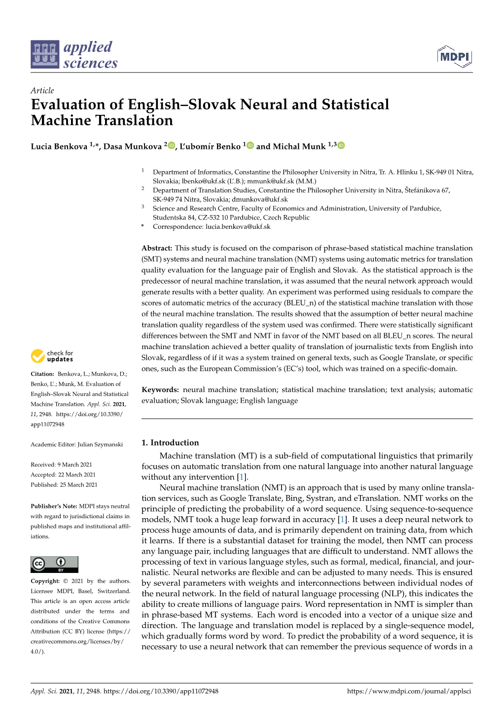 Evaluation of English–Slovak Neural and Statistical Machine Translation