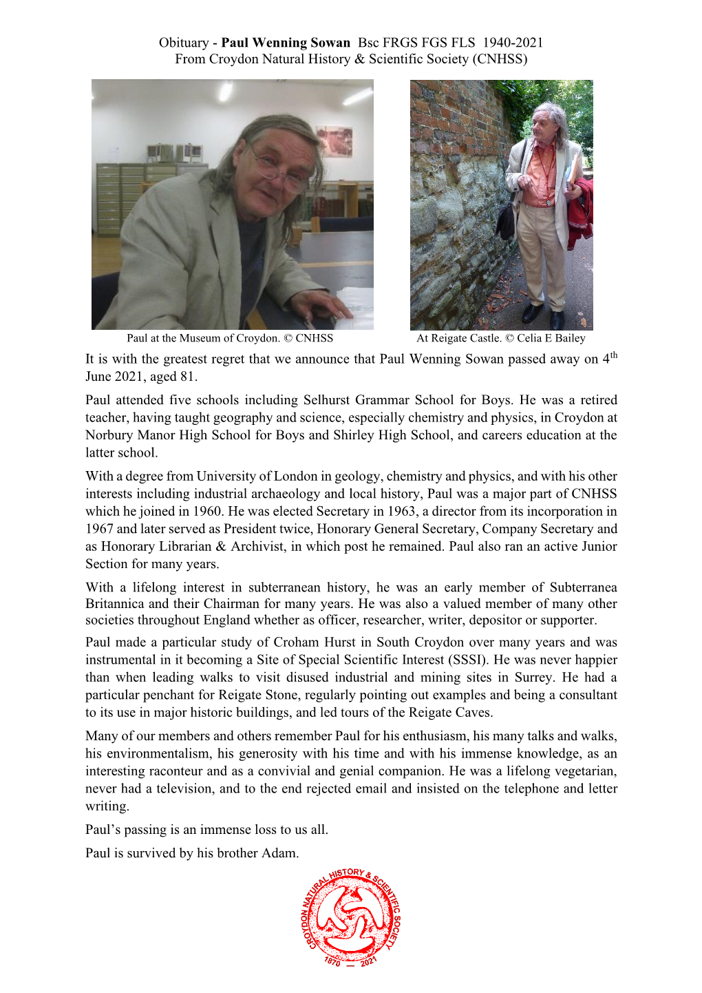 Obituary - Paul Wenning Sowan Bsc FRGS FGS FLS 1940-2021 from Croydon Natural History & Scientific Society (CNHSS)