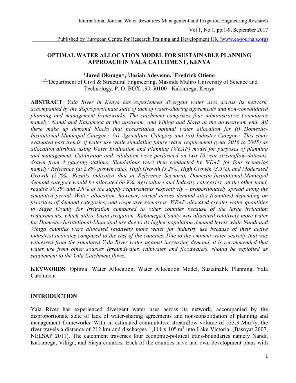 Optimal Water Allocation Model for Sustainable Planning Approach in Yala Catchment, Kenya