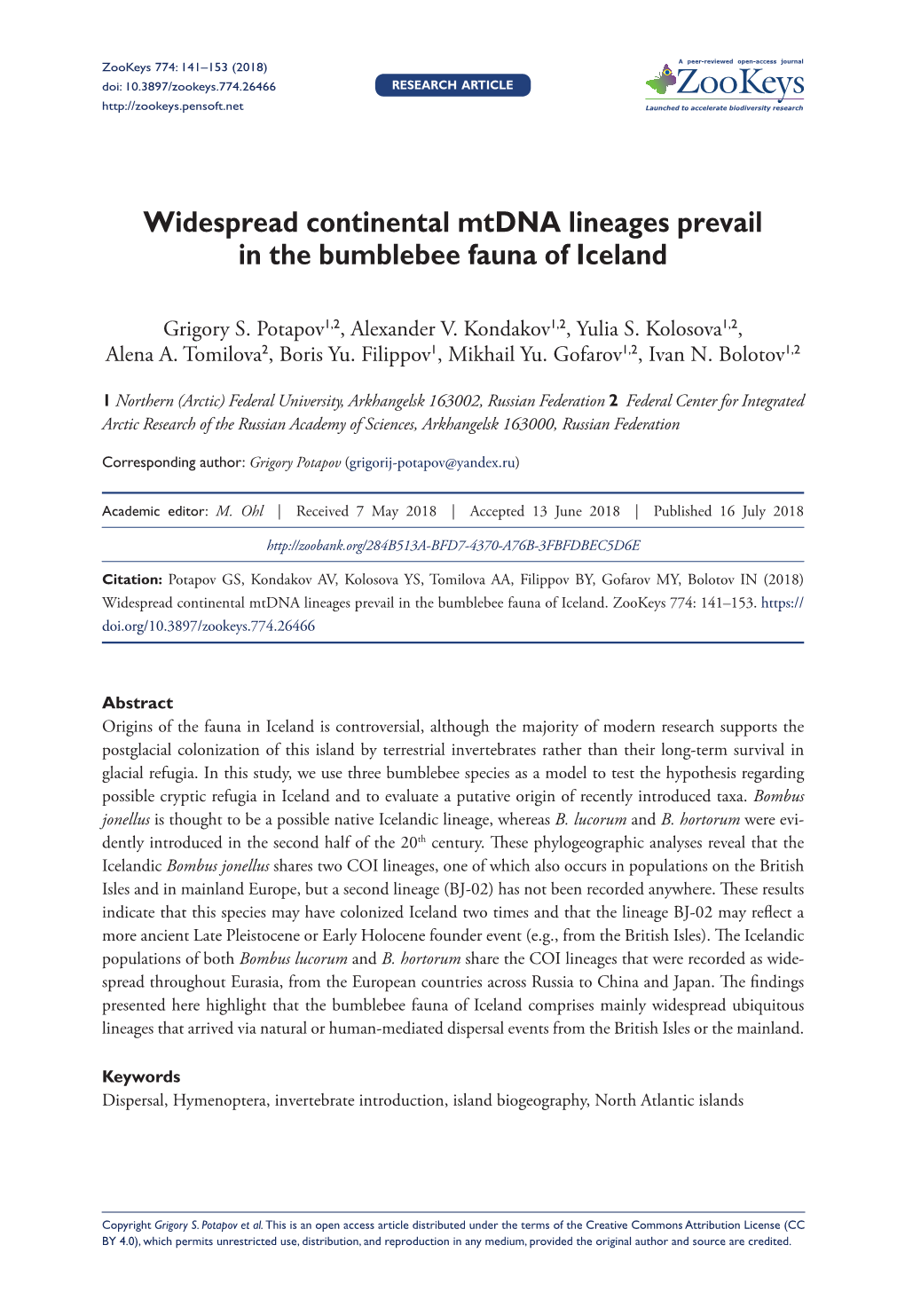 Widespread Continental Mtdna Lineages Prevail in the Bumblebee Fauna of Iceland