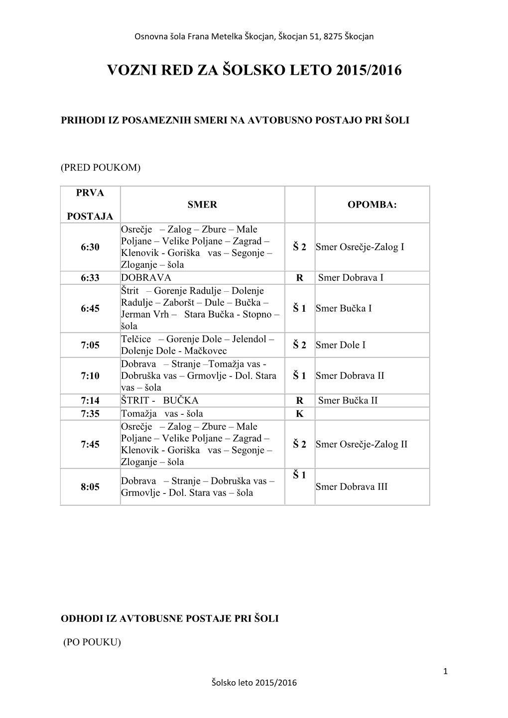 Vozni Red Za Šolsko Leto 2015/2016