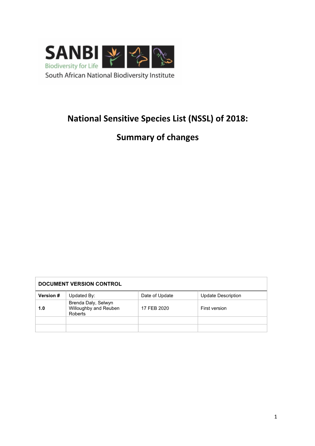 National Sensitive Species List (NSSL) of 2018: Summary of Changes